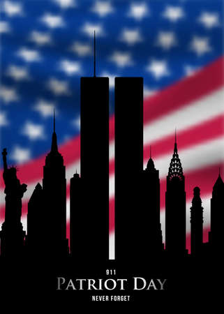 911 Patriot Day banner. New York Skyline on blurred US flag background. National Day of Prayer and Remembrance for Victims of Terror Attacks September 11, 2001.のイラスト素材