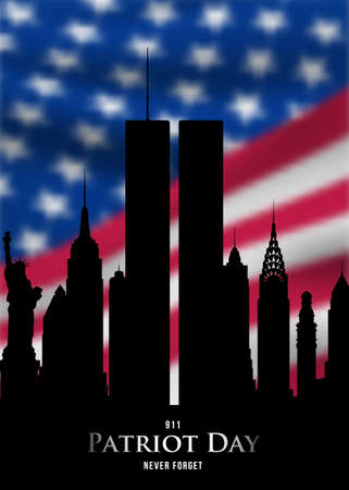 911 Patriot Day banner. New York Skyline on blurred US flag background. National Day of Prayer and Remembrance for Victims of Terror Attacks September 11, 2001.の素材 [FY310189880900]