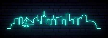 Blue neon skyline of Lagos. Bright Lagos City long banner. vector illustration.のイラスト素材