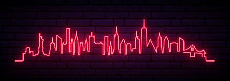Red neon skyline of Manhattan. Bright Manhattan City long banner. vector illustration.のイラスト素材
