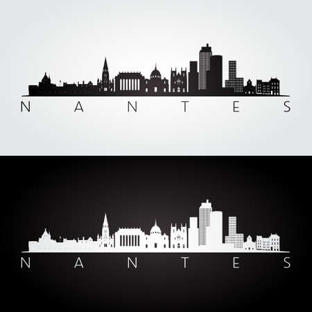 Nantes skyline and landmarks silhouette, black and white design, vector illustration.のイラスト素材