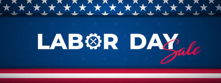 Labor Day Sale horizontal banner on blue background. USA national federal holiday header design. stock vector illustration.のイラスト素材