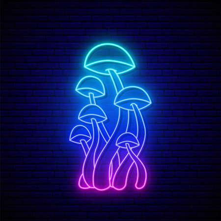 Psychedelic mushrooms with gradients and UV neon light. Luminous mushroom on dark brick wall background. Fantasy magic hallucinogen plants.のイラスト素材