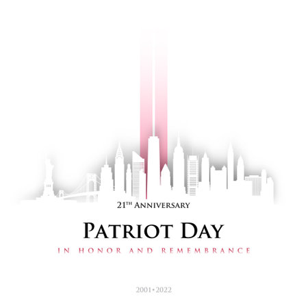 911 Patriot Day, New York skyline. NYC card design in origami style. 2 red stripes in the form of twin towers. Design template for background, banner, card with text inscription. 21th Anniversary 2001-2022.のイラスト素材