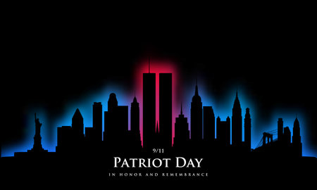 9/11 Patriot Day USA. Black New York skyline silhouette glowing red and blue neon. In honor and remembrance. stock vector illustration.のイラスト素材