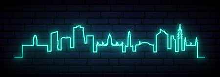 Blue neon skyline of Leeds. Bright Leeds City long banner. vector illustration.のイラスト素材