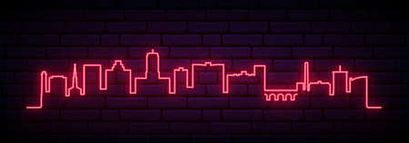 Red neon skyline of Reading. Bright Reading City long banner. vector illustration.のイラスト素材