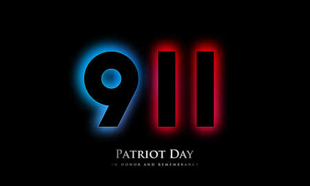 911 Patriot Day neon sign board. Numbers glowing in blue and red colors on black background. Twin...