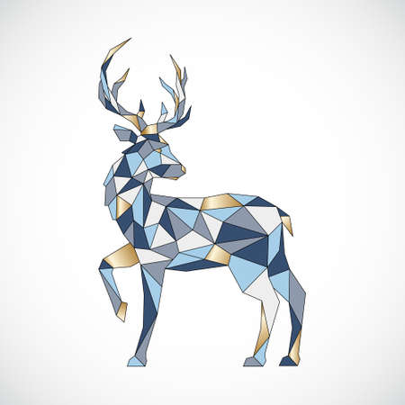 Vector image of Geometric Deer in full growth with raised front hoof. Polygonal Deer painted in Scandinavian colors. christmas graphic element.のイラスト素材