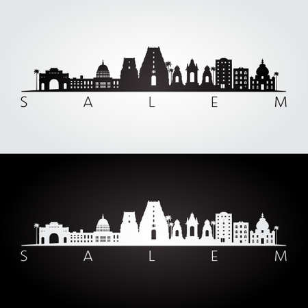 Salem, India skyline and landmarks silhouette, black and white design, vector illustration.のイラスト素材