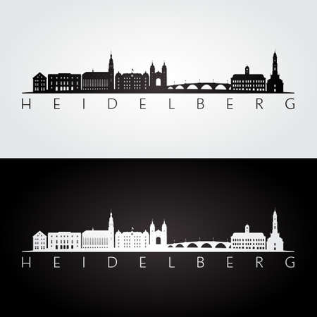 Heidelberg skyline and landmarks silhouette, black and white design, vector illustration.のイラスト素材