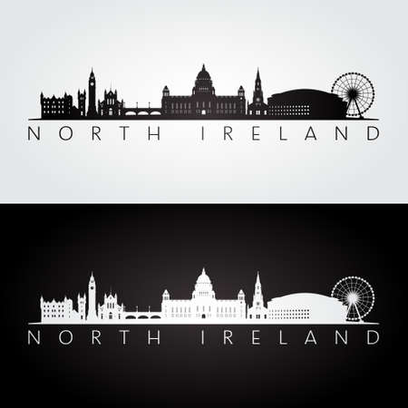 North Ireland skyline and landmarks silhouette, black and white design, vector illustration.のイラスト素材