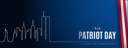 911 New York skyline in one line on dark blue background. Twin Towers Remembrance Day. Horizontal banner with US flag lying.のイラスト素材