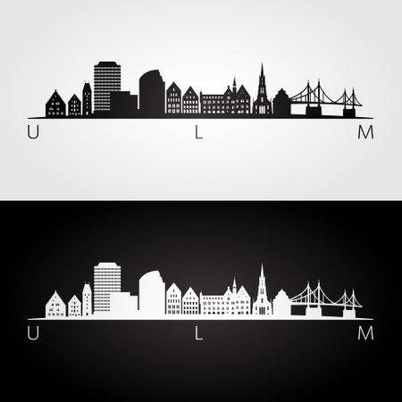 Ulm skyline and landmarks silhouette, black and white design, vector illustration.のイラスト素材