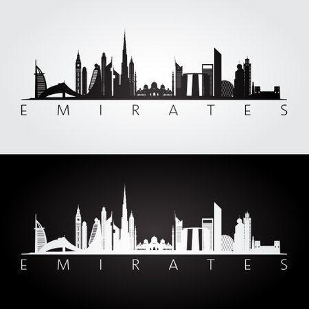 United Arab Emirates skyline and landmarks silhouette, black and white design, vector illustration.のイラスト素材