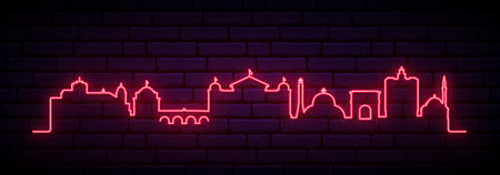 Red neon skyline of Skopje. Bright Skopje City long banner. vector illustration.のイラスト素材