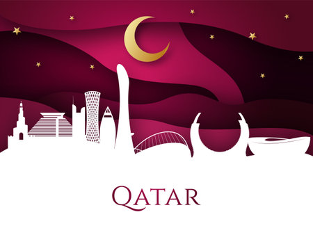 Qatar skyline on red background. Most famous building landmark. Qatar National Day. paper art style.のイラスト素材