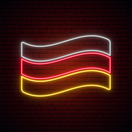 Germany flag neon sign. Glowing waving Germany national flag isolated on dark brick wall background. stock vector illustration.のイラスト素材