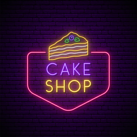 neon cake sign. Glowing cake shop emblem on dark brick wall background. Neon advertising design. vector illustration.のイラスト素材
