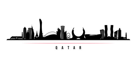 Qatar skyline horizontal banner. Black and white silhouette of Qatar. vector template for your design.のイラスト素材