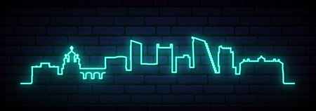 Blue neon skyline of Nicosia. Bright Nicosia City long banner. vector illustration.のイラスト素材