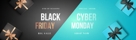 Design template for big November Sale. Black Friday and Cyber Monday long horizontal banner. Realistic gift boxes lying on a background divided into black and turquoise.のイラスト素材