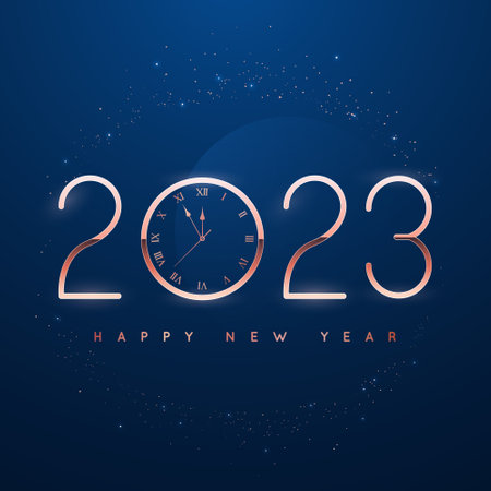 Happy New Year 2023 with rose gold clock face and confetti glitter sparkles on dark blue background. Clock showing five minutes to New Year. Banner, poster or wallpaper design.のイラスト素材