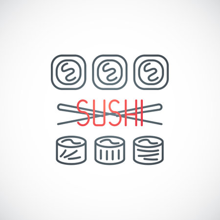Sushi with Chopsticks isolated on white background. Asian Fast Food Emblem. stock vector illustration.のイラスト素材