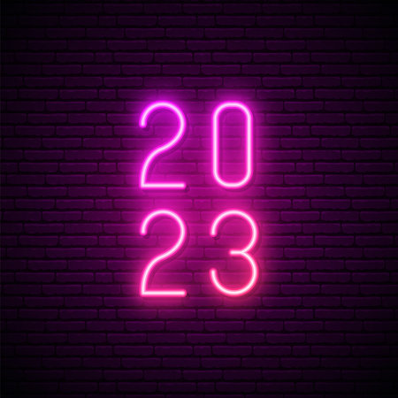 2023 Neon shining effects numbers on dark brick wall background. Happy New Year greeting banner. stock vector illustration.のイラスト素材