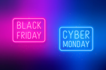 Black Friday, Cyber Monday banner. Hanging sale signboards on pink and blue bright background. Modern design with neon elements.のイラスト素材