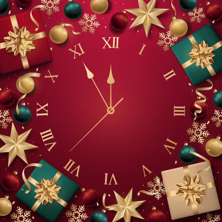 Christmas clock framed with realistic baubles, snowflakes, gifts and serpentine. Old clock Countdown with roman numbers. Greeting vector card, banner, poster.のイラスト素材