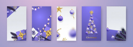 Christmas and New Year Template for social media stories. Xmas design with realistic gift boxes, balls, snowflakes. Story mockup with free copy space vector illustration.のイラスト素材