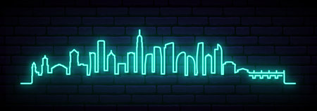 Blue neon skyline of Gold Coast. Bright Gold Coast City long banner. vector illustration.のイラスト素材