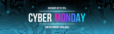 Cyber monday promo banner. Advertising design on tech blue circuit board background. Universal vector template for discount promo offer or advertising store in social media.のイラスト素材