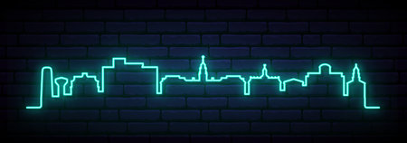 Blue neon skyline of Dover. Bright Dover City long banner. vector illustration.のイラスト素材