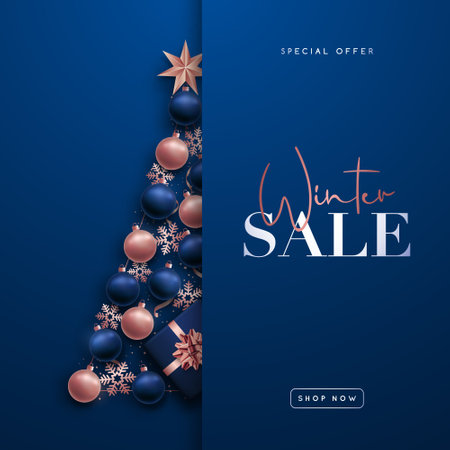winter sale banner. Abstract Christmas tree in the form of blue and rose gold baubles, snowflakes, star and gift box. Vector design for wallpaper, flyers, invitations, posters.のイラスト素材
