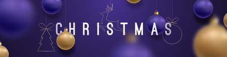 New Year purple banner with hanging Christmas tree decorations in the form of balls, deer and Christmas tree. Xmas background, web header, social media bannerのイラスト素材