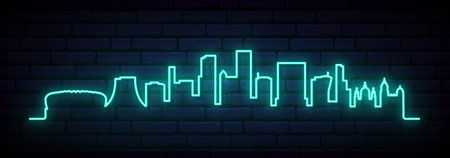 Blue neon skyline of Porto Alegre. Bright Porto Alegre City long banner. vector illustration.のイラスト素材