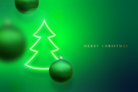Green Christmas background. Hanging glowing neon green christmas tree with balls neon light reflection. motion blur effect. Modern Xmas banner.のイラスト素材