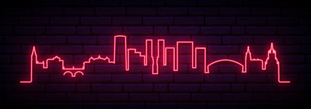 Red neon skyline of Bilbao. Bright Bilbao City long banner. vector illustration.のイラスト素材