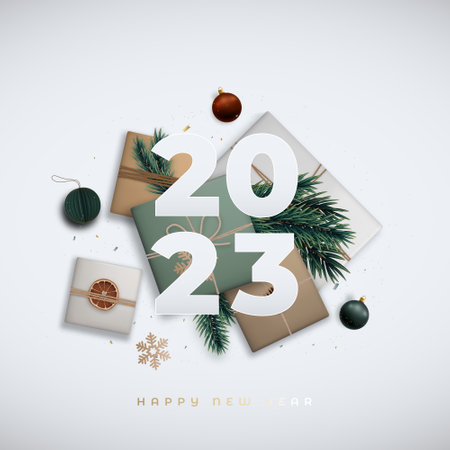 2023 Happy New Year banner. Flat lay composition with gift boxes, shiny balls, cinnamon, fir...
