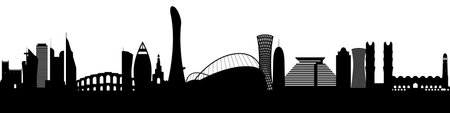 Panoramic View of Downtown Doha Skyline. Doha city black silhouette skyscrapers and buildings. long cityscape.のイラスト素材