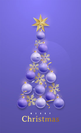 Shiny magical Christmas tree made of realistick purple baubles, golden snowflakes and serpantines. New Year greating card.のイラスト素材
