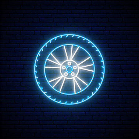 Neon Tire sign. Glowing tire icon for car service emblem or advertise. Vector illustration in neon style.のイラスト素材