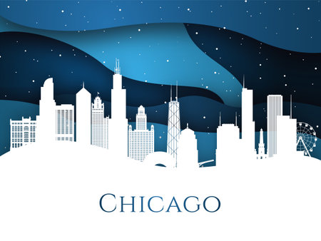Snowy Chicago skyline on blue background. Most famous building landmark. Christmas Eve in Chicago. paper art style.のイラスト素材