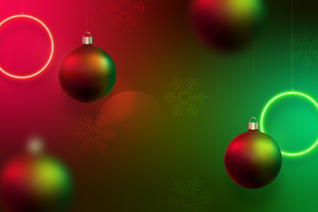 Neon bright Christmas background. Christmas banner with hanging neon red and green circle led lamps, christmas balls. Universal vector background for banner, flyers, web.のイラスト素材