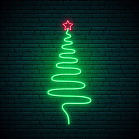Decorative neon shining Christmas tree with star. Glowing line in shape of Xmas tree. one line design. Template for banner, website advertising, party invitation, social media.のイラスト素材