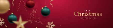 Christmas and New Year red banner. Festive background with hanging red, green and golden balls, star, snowflakes, christmas tree. Xmas balls motion blur effect.のイラスト素材