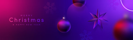 Modern Christmas website header or banner. Festive bright background. Christmas balls with neon light reflection. New Year horizontal composition.のイラスト素材