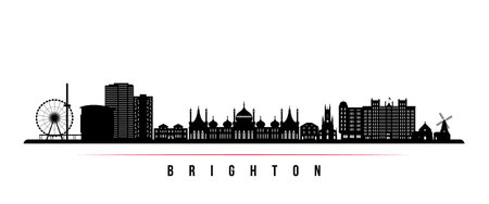Brighton skyline horizontal banner. Black and white silhouette of Brighton, UK. vector template for your design.のイラスト素材